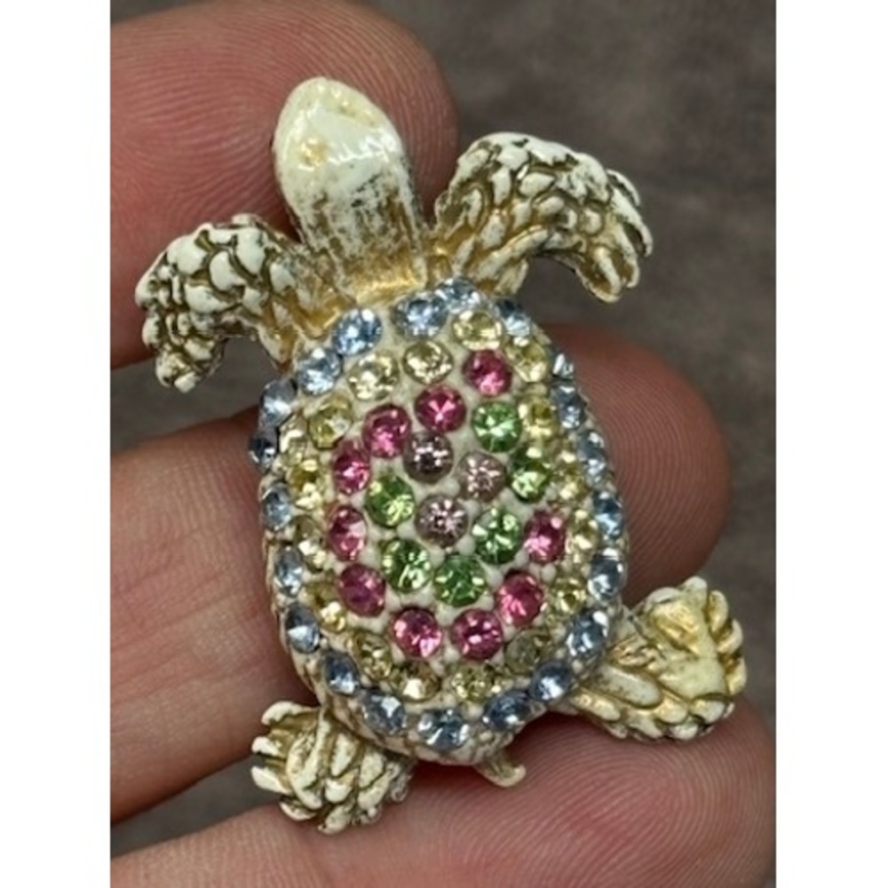 Vtg Turtle Brooch Multi-Color Rhinestone Enamel Animal Pin - Picture 4 of 7
